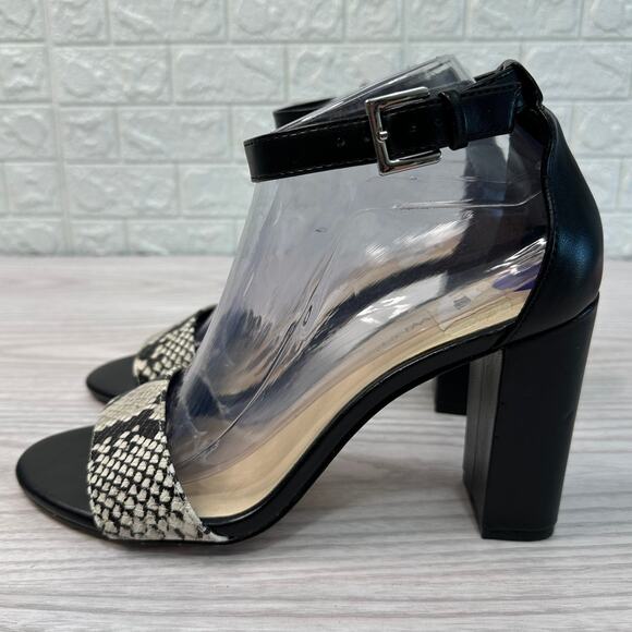 Nine West Sandals WMNS 8.5M Black Silver Snake Print Leather Ankle Strap Heeled - Picture 5 of 9